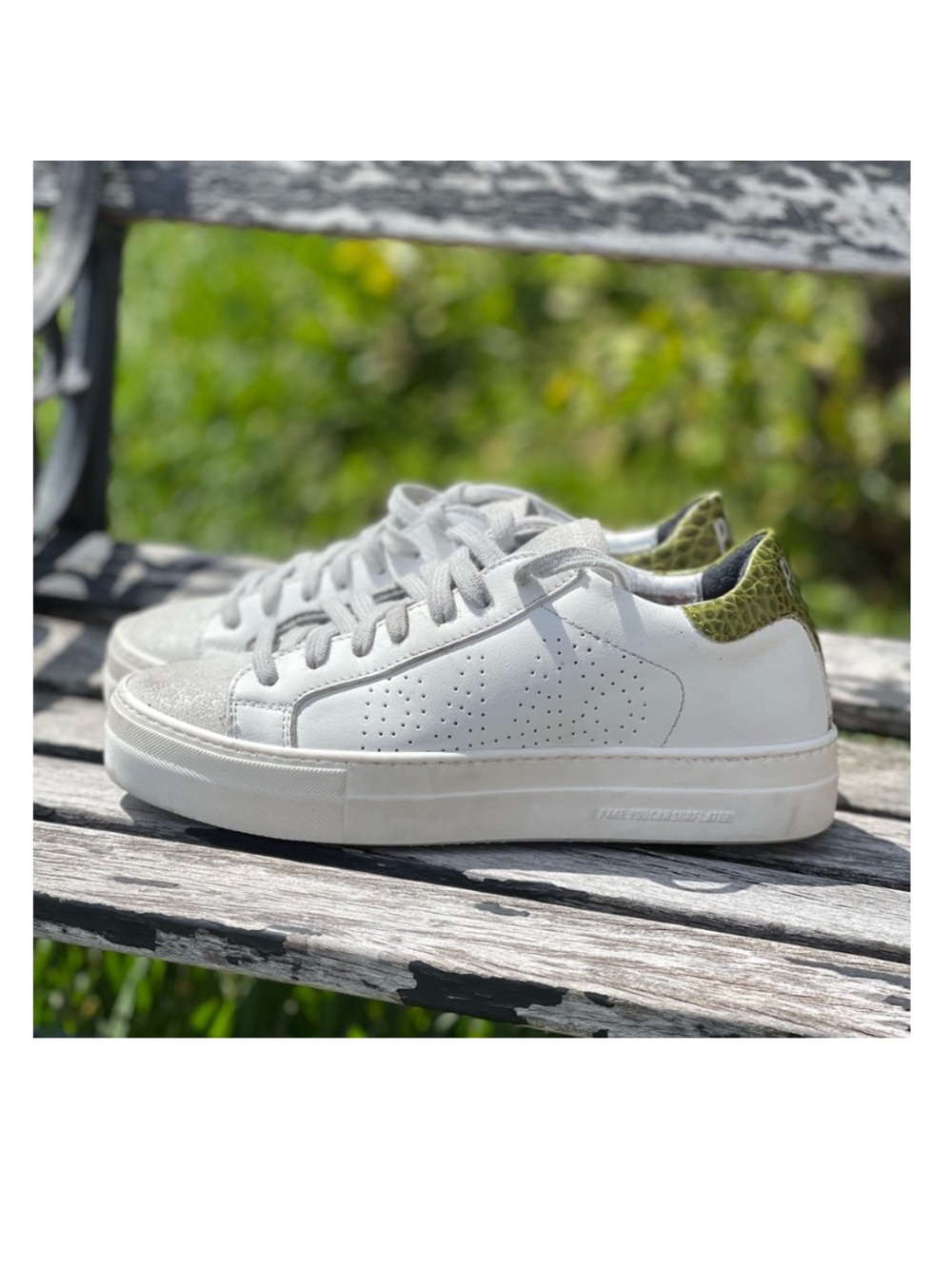 P448 Thea platform sneakers 39 white Green Croc Embossed back logo $298 preowned